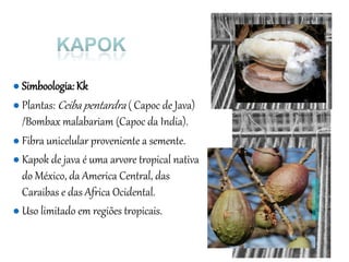 ● Simboologia:Kk
● Plantas: Ceiba pentardra ( Capoc de Java)
/Bombax malabariam (Capoc da India).
● Fibra unicelular proveniente a semente.
● Kapok de java é uma arvore tropical nativa
do México, da America Central, das
Caraibas e das Africa Ocidental.
● Uso limitado em regiões tropicais.
 