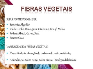SUAS FONTE PODEM SER:
 Semente: Algodão
 Caule: Linho, Rami, Juta, Cânhamo, Kenaf, Malva
 Folhas: Abacá, Caroa, Sisal
 Frutos: Coco
VANTAGENS DA FIBRAS VEGETAIS:
 Capacidade de absorção do carbono do meio ambiente;
 Abundância; Baixo custo; Baixa massa; Biodegradabilidade
FIBRAS VEGETAIS
 
