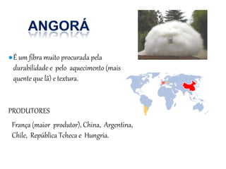 ●É um fibra muito procurada pela
durabilidade e pelo aquecimento (mais
quente que lã) e textura.
PRODUTORES
França (maior produtor), China, Argentina,
Chile, República Tcheca e Hungria.
 