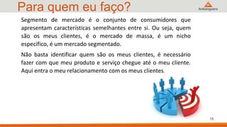 Para quem eu faço?
13
Segmento de mercado é o conjunto de consumidores que
apresentam características semelhantes entre si. Ou seja, quem
são os meus clientes, é o mercado de massa, é um nicho
específico, é um mercado segmentado.
Não basta identificar quem são os meus clientes, é necessário
fazer com que meu produto e serviço chegue até o meu cliente.
Aqui entra o meu relacionamento com os meus clientes.
 