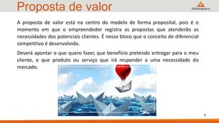 Proposta de valor
9
A proposta de valor está no centro do modelo de forma proposital, pois é o
momento em que o empreendedor registra as propostas que atenderão as
necessidades dos potenciais clientes. É nesse bloco que o conceito de diferencial
competitivo é desenvolvido.
Deverá apontar o que quero fazer, que benefício pretendo entregar para o meu
cliente, e que produto ou serviço que irá responder a uma necessidade do
mercado.
 