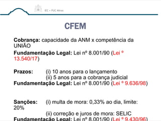 CFEM
Cobrança: capacidade da ANM x competência da
UNIÃO
Fundamentação Legal: Lei nº 8.001/90 (Lei º
13.540/17)
Prazos: (i) 10 anos para o lançamento
(ii) 5 anos para a cobrança judicial
Fundamentação Legal: Lei nº 8.001/90 (Lei º 9.636/98)
Sanções: (i) multa de mora: 0,33% ao dia, limite:
20%
(ii) correção e juros de mora: SELIC
 