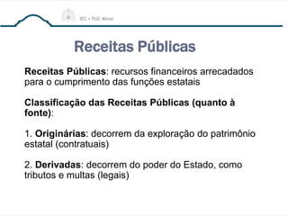 Receitas Públicas
Receitas Públicas: recursos financeiros arrecadados
para o cumprimento das funções estatais
Classificação das Receitas Públicas (quanto à
fonte):
1. Originárias: decorrem da exploração do patrimônio
estatal (contratuais)
2. Derivadas: decorrem do poder do Estado, como
tributos e multas (legais)
 