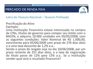 Letra do Tesouro Nacional – Tesouro Prefixado
Precificação do Ativo
Exemplo:
Uma instituição Financeira estava interessada na compra
de LTNs, títulos do governo para compor seu limite com o
BACEN, e adquiriu 10.000 unidades em 05/05/2008, com
as seguintes condições: Valor Nominal de R$ 1.000,00,
vencimento para 05/06/2009 com prazo de 276 dias úteis
e a uma taxa desconto de 1,2% a.a..
Sendo o prazo de resgate seja no dia 10/06/2008, par um
prazo restante de 251 dias úteis, e a taxa de negociação
do título passe de 12% para 15% a.a.. Se a instituição
vender qual será o resultado financeiro?
49
MERCADO DE RENDA FIXA
 
