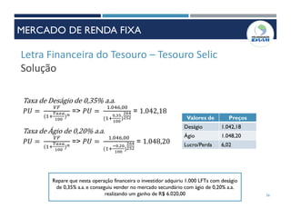 Letra Financeira do Tesouro – Tesouro Selic
Solução
Taxa de Ágio de 0,20% a.a.
𝑃𝑈 =
𝑉𝐹
(1+
𝑇𝑎𝑥𝑎
100
) 𝑛
=> 𝑃𝑈 =
1.046,00
(1+
−0,20
100
)
264
252
= 1.048,20
Taxa de Deságio de 0,35% a.a.
𝑃𝑈 =
𝑉𝐹
(1+
𝑇𝑎𝑥𝑎
100
) 𝑛
=> 𝑃𝑈 =
1.046,00
(1+
0,35
100
)
264
252
= 1.042,18
Valores de Preços
Deságio 1.042,18
Ágio 1.048,20
Lucro/Perda 6,02
Repare que nesta operação financeira o investidor adquiriu 1.000 LFTs com deságio
de 0,35% a.a. e conseguiu vender no mercado secundário com ágio de 0,20% a.a.
realizando um ganho de R$ 6.020,00 56
MERCADO DE RENDA FIXA
MERCADO DE RENDA FIXA
 