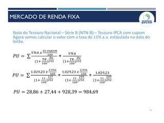 Nota do Tesouro Nacional – Série B (NTN-B) – Tesouro IPCA com cupom
Agora vamos calcular o valor com a taxa de 11% a.a. estipulada na data do
leilão.
𝑃𝑈 = σ
𝑉𝑁𝐴 𝑥
𝑡𝑥 𝑐𝑢𝑝𝑜𝑚
100
(1+
𝑇𝑅
100
)
𝑑𝑢
252
+
𝑉𝑁𝐴
(1+
𝑇𝑅
100
)
𝑑𝑢
252
𝑃𝑈 = σ
1.029,23 𝑥
2,956
100
(1+
11
100
)
127
252
+
1.029,23 𝑥
2,956
100
(1+
11
100
)
249
252
+
1.029,23
(1+
11
100
)
249
252
𝑃𝑈 = 28,86 + 27,44 + 928,39 = 984,69
61
MERCADO DE RENDA FIXA
 