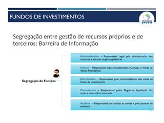 20
Segregação entre gestão de recursos próprios e de
terceiros: Barreira de Informação
Administrador – Responsável Legal pela administração dos
recursos e perante órgão reguladores
Gestor – Responsável pelos investimentos (Compra e Venda de
Ativos Financeiros
Distribuidor – Responsável pela comercialização das cotas do
fundo de investimento
Custodiante – Responsável pelos Registros, liquidação das
cotas e marcação à mercado
Auditor – Responsável por auditar as contas e pelo parecer de
auditoria
Segregação de Funções
FUNDOS DE INVESTIMENTOS
 