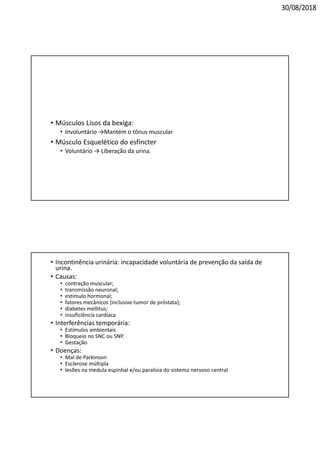 30/08/2018
• Músculos Lisos da bexiga:
• Involuntário →Mantém o tônus muscular
• Músculo Esquelético do esfíncter
• Voluntário → Liberação da urina.
• Incontinência urinária: incapacidade voluntária de prevenção da saída de 
urina. 
• Causas:
• contração muscular;
• transmissão neuronal;
• estímulo hormonal;
• fatores mecânicos (inclusive tumor de próstata);
• diabetes mellitus;
• insuficiência cardíaca
• Interferências temporária:
• Estímulos ambientais
• Bloqueio no SNC ou SNP.
• Gestação
• Doenças:
• Mal de Parkinson
• Esclerose múltipla
• lesões na medula espinhal e/ou paralisia do sistema nervoso central
 