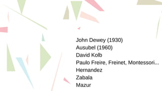 John Dewey (1930)
Ausubel (1960)
David Kolb
Paulo Freire, Freinet, Montessori...
Hernandez
Zabala
Mazur
 