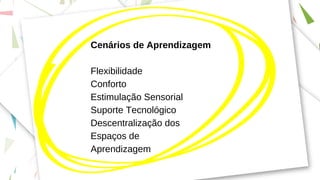 Cenários de Aprendizagem
Flexibilidade
Conforto
Estimulação Sensorial
Suporte Tecnológico
Descentralização dos
Espaços de
Aprendizagem
 