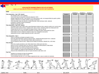AVALIAÇÃO BIOMECÂNICA DO ATLETISMO
                CHECK LIST PARA ANÁLISE TÉCNICA DO ARREMESSO DE DISCO NÃO CADEIRANTES

NOME:      ______________________________________________
                                                                                                                                          Tentativa 1    Tentativa 2     Tentativa 3
Fase preparatória - fase 1( 90° rotação)                                                                                      Desejável    Comport.       Comport.        Comport.
         Pés apoiados sobre o solo e paralelos
         Tronco ereto braço de lançamento totalmente abduzido (>180°)
         Rotação longitudinal de todo o corpo (aproxim. 90°) sobre ambos os pés, com pequena flexão de quadril e joelhos
         Quadris se deslocam em sentido contrário ao braço de arremesso
         Tronco flexionado, braço livre aduzido e cotovelo flexionado, braço arremesso totalm. abduzido
         Extensão do cotovelo do braço de arremesso
         Abdução do braço livre (180°)
Fase preparatória - fase 2( 90° rotação)
         Inclinação de todo corpo e apoio sobre a perna flexionada contrária ao disco, perda de contato com o solo da outra
         Perda de contato da perna de trás e rotação de 90° sobre a mesma, extensão cotovelo livre, flexão perna livre
         Pequena fase de vôo com a continuação da rotação de todo o corpo por mais 90°
         Apoio da perna livre no centro da área de arremesso com flexão de quadril e flexão lateral da coluna
         Flexão lateral do tronco e flexão do cotovelo do braço livre e liberação da outra perna
         Abaixamento do disco, rotação longitudinal de todo o corpo de 90°

Fase preparatória - fase 3
           Olhar se movimenta na direção da rotação do tronco
           Perna livre passa flexionada e próxima à perna de apoio, cotovelo flexionado,aduzido horiz. e abduzido
           Disco paralelo ao solo, tronco flexionado à frente, apoio na ponta do pé
           Início de adução do braço do disco, cabeça olha da direção do arremesso, abdução horiz. outro braço
Fase principal
           Perna livre se apóia estendida no solo, flexão lateral tronco, flexão perna lado disco
           Retorno do tronco à posição vertical com pernas em afastamento ântero-posterior e látero-lateral
           Bloqueio do braço livre e adução horizontal do braço do disco
           Rotação de quadril e de tronco para direção final de lançamento
           Tronco completa uma rotação de aproximadamente 180° sobre os pés
           Soltura do disco lateralmente ao corpo com apoio de ambos os pés sobre o solo
Fase final
           Seqüência do movimento do braço de lançamento
           Perda de apoio de ambos os pés do chão
           Troca de posição dos pés no ar, com rotação longitudinal de todo o corpo no sentido do movimento

           ESCORE                                                                                                                                  0,0             0,0            0,0

Outros parâmetros                                                                                                              VALOR       VALOR           VALOR          VALOR
          Duração da fase preparatória
          Duração da fase principal
          Distancia de arremesso
 