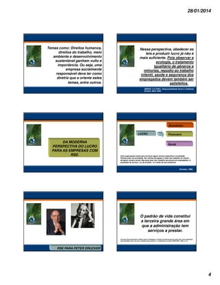 28/01/2014

Temas como: Direitos humanos,
direitos do trabalho, meio
ambiente e desenvolvimento
sustentável ganham vulto e
importância. Ou seja, uma
empresa socialmente
responsável deve ter como
diretriz que a oriente estes
temas, entre outros.

Nessa perspectiva, obedecer as
leis e produzir lucro já não é
mais suficiente. Pois observar a
ecologia, o tratamento
igualitário de gêneros e
minorias, repúdio ao trabalho
infantil, saúde e segurança dos
empregados devem também ser
satisfeitos.
SIMÕES, C.P (ORG.). Responsabilidade Social e Cidadania.
Brasília: SESI, 2008.

Econômico
LUCRO

DA MODERNA
PERSPECTIVA DO LUCRO
PARA AS EMPRESAS COM
RSE.

Financeiro

Social

Uma organização existe para fornecer algum serviço específico à sociedade.
Precisa estar na sociedade. Ser vizinha de alguém e fazer seu trabalho no interior
de algum cenário social. Mas para fazer seu trabalho ela precisa ter empregados. A
prestação de serviço ( ou de produto ) é a razão de sua existência.

Drucker, 1998.

O padrão de vida constitui
a terceira grande área em
que a administração tem
serviços a prestar.
As outras duas dimensões: meditar sobre a finalidade e a missão da empresa que faz parte, bem como especificar
esta finalidade; fazer com que o trabalho seja produtivo e o trabalhador se realize (DRUCKER, 1998, p. 31).

RSE PARA PETER DRUCKER

4

 
