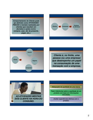 Comportamento do Cliente pode
ser definido como ATIVIDADES
FÍSICAS e mentais realizadas por
clientes que resultam em
decisões e ações (como
comprar, usar, dar de presente,
pagar, etc.).

Clientes

Consomem

Produtos
(ou Serviços)

Usuário

Cliente

Pagante

Comprador

Cliente é, no limite, uma
pessoa (ou uma empresa)
que desempenha um papel
na consumação de uma
transação com a empresa.

Adequação da qualidade de uma marca.

AS ATIVIDADES MENTAIS
DOS CLIENTE NA HORA DO
CONSUMO.

Fazer inferências sobre a qualidade de um
produto com base em informações
veiculadas.
Avaliar experiências efetivas com o
produto.

2

 