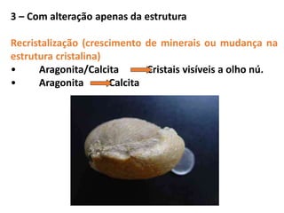 3 – Com alteração apenas da estrutura
Recristalização (crescimento de minerais ou mudança na
estrutura cristalina)
• Aragonita/Calcita Cristais visíveis a olho nú.
• Aragonita Calcita
 