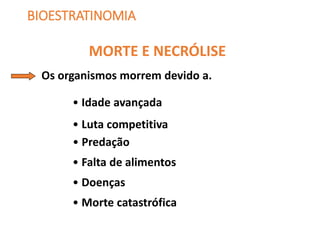 BIOESTRATINOMIA
MORTE E NECRÓLISE
Os organismos morrem devido a.
• Idade avançada
• Falta de alimentos
• Doenças
• Predação
• Luta competitiva
• Morte catastrófica
 