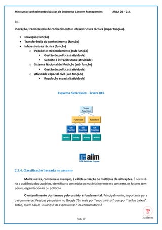 Minicurso: conhecimentos básicos de Enterprise Content Management AULA 02 – 2.3.
Pág. 10
Ex.:
Inovação, transferência de conhecimento e infraestrutura técnica (super função).
• Inovação (função)
• Transferência do conhecimento (função)
• Infraestrutura técnica (função)
o Padrões e credenciamento (sub função)
▪ Gestão de políticas (atividade)
▪ Suporte à infraestrutura (atividade)
o Sistema Nacional de Medição (sub função)
▪ Gestão de políticas (atividade)
o Atividade espacial civil (sub função)
▪ Regulação espacial (atividade)
Esquema hierárquico – árvore BCS
2.3.4. Classificação baseada no assunto
Muitas vezes, conforme o exemplo, é válida a criação de múltiplas classificações. É necessá-
ria a audiência dos usuários, identificar o conteúdo ou matéria inerente e o contexto, os fatores tem-
porais, organizacionais ou políticos.
O entendimento dos termos pelo usuário é fundamental. Principalmente, importante para
o e-commerce. Pessoas pesquisam no Google 75x mais por “voos baratos” que por “tarifas baixas”.
Então, quem são os usuários? Os especialistas? Os consumidores?
 