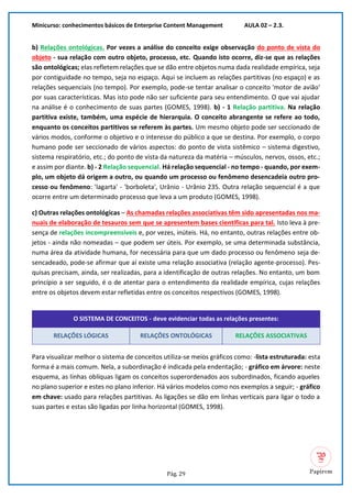 Minicurso: conhecimentos básicos de Enterprise Content Management AULA 02 – 2.3.
Pág. 29
b) Relações ontológicas. Por vezes a análise do conceito exige observação do ponto de vista do
objeto - sua relação com outro objeto, processo, etc. Quando isto ocorre, diz-se que as relações
são ontológicas; elas refletem relações que se dão entre objetos numa dada realidade empírica, seja
por contiguidade no tempo, seja no espaço. Aqui se incluem as relações partitivas (no espaço) e as
relações sequenciais (no tempo). Por exemplo, pode-se tentar analisar o conceito 'motor de avião'
por suas características. Mas isto pode não ser suficiente para seu entendimento. O que vai ajudar
na análise é o conhecimento de suas partes (GOMES, 1998). b) - 1 Relação partitiva. Na relação
partitiva existe, também, uma espécie de hierarquia. O conceito abrangente se refere ao todo,
enquanto os conceitos partitivos se referem às partes. Um mesmo objeto pode ser seccionado de
vários modos, conforme o objetivo e o interesse do público a que se destina. Por exemplo, o corpo
humano pode ser seccionado de vários aspectos: do ponto de vista sistêmico – sistema digestivo,
sistema respiratório, etc.; do ponto de vista da natureza da matéria – músculos, nervos, ossos, etc.;
e assim por diante. b) - 2 Relação sequencial. Há relação sequencial - no tempo - quando, por exem-
plo, um objeto dá origem a outro, ou quando um processo ou fenômeno desencadeia outro pro-
cesso ou fenômeno: 'lagarta' - 'borboleta', Urânio - Urânio 235. Outra relação sequencial é a que
ocorre entre um determinado processo que leva a um produto (GOMES, 1998).
c) Outras relações ontológicas – As chamadas relações associativas têm sido apresentadas nos ma-
nuais de elaboração de tesauros sem que se apresentem bases científicas para tal. Isto leva à pre-
sença de relações incompreensíveis e, por vezes, inúteis. Há, no entanto, outras relações entre ob-
jetos - ainda não nomeadas – que podem ser úteis. Por exemplo, se uma determinada substância,
numa área da atividade humana, for necessária para que um dado processo ou fenômeno seja de-
sencadeado, pode-se afirmar que aí existe uma relação associativa (relação agente-processo). Pes-
quisas precisam, ainda, ser realizadas, para a identificação de outras relações. No entanto, um bom
princípio a ser seguido, é o de atentar para o entendimento da realidade empírica, cujas relações
entre os objetos devem estar refletidas entre os conceitos respectivos (GOMES, 1998).
O SISTEMA DE CONCEITOS - deve evidenciar todas as relações presentes:
RELAÇÕES LÓGICAS RELAÇÕES ONTOLÓGICAS RELAÇÕES ASSOCIATIVAS
Para visualizar melhor o sistema de conceitos utiliza-se meios gráficos como: -lista estruturada: esta
forma é a mais comum. Nela, a subordinação é indicada pela endentação; - gráfico em árvore: neste
esquema, as linhas oblíquas ligam os conceitos superordenados aos subordinados, ficando aqueles
no plano superior e estes no plano inferior. Há vários modelos como nos exemplos a seguir; - gráfico
em chave: usado para relações partitivas. As ligações se dão em linhas verticais para ligar o todo a
suas partes e estas são ligadas por linha horizontal (GOMES, 1998).
 