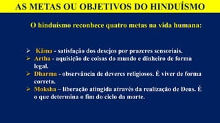 AS METAS OU OBJETIVOS DO HINDUÍSMO
O hinduísmo reconhece quatro metas na vida humana:
 Kãma - satisfação dos desejos por prazeres sensoriais.
 Artha - aquisição de coisas do mundo e dinheiro de forma
legal.
 Dharma - observância de deveres religiosos. É viver de forma
correta.
 Moksha – liberação atingida através da realização de Deus. É
o que determina o fim do ciclo da morte.
LIVRO VEDAS
 