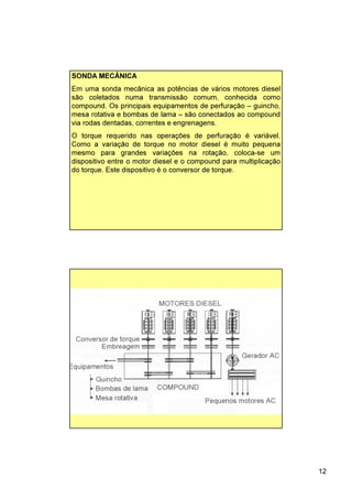 12
SONDA MECÂNICA
Em uma sonda mecânica as potências de vários motores diesel
são coletados numa transmissão comum, conhecida como
compound. Os principais equipamentos de perfuração – guincho,
mesa rotativa e bombas de lama – são conectados ao compound
via rodas dentadas, correntes e engrenagens.
O torque requerido nas operações de perfuração é variável.
Como a variação de torque no motor diesel é muito pequena
mesmo para grandes variações na rotação, coloca-se um
dispositivo entre o motor diesel e o compound para multiplicação
do torque. Este dispositivo é o conversor de torque.
 