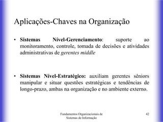 Fundamentos Organizacionais de
Sistemas de Informação
42
Aplicações-Chaves na Organização
• Sistemas Nível-Gerenciamento: suporte ao
monitoramento, controle, tomada de decisões e atividades
administrativas de gerentes middle
• Sistemas Nível-Estratégico: auxiliam gerentes sêniors
manipular e situar questões estratégicas e tendências de
longo-prazo, ambas na organização e no ambiente externo.
 