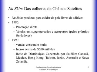 Fundamentos Organizacionais de
Sistemas de Informação
2
Nu Skin: Das colheres de Chá aos Satélites
• Nu Skin: produtos para cuidar da pele livres de aditivos
• 1980:
– Promoção direta
– Vendas em supermercados e aeroportos (pelos próprios
fundadores)
• 1990:
– vendas cresceram muito
– lucros acima de $500 milhões
– Rede de Distribuição Conectada por Satélite: Canadá,
México, Hong Kong, Taiwan, Japão, Australia e Nova
Zelandia
 