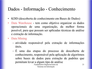 Fundamentos Organizacionais de
Sistemas de Informação
21
Dados - Informação - Conhecimento
• KDD (descoberta de conhecimento em Bases de Dados)
• Data Warehouse - tem como objetivo organizar os dados
operacionais de uma organização, da melhor forma
possível, para que possam ser aplicadas técnicas de análise
e extração de informação.
• Data Mining
– atividade responsável pela extração de informações
úteis.
– É uma das etapas do processo de descoberta de
conhecimento, responsável pela aplicação de algoritmos
sobre bases de dados para extração de padrões que
permitam levar a algum tipo de análise
 