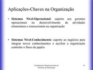 Fundamentos Organizacionais de
Sistemas de Informação
41
Aplicações-Chaves na Organização
• Sistemas Nível-Operacional: suporte aos gerentes
operacionais no desenvolvimento de atividades
elementares e transacionais na organização
• Sistemas Nível-Conhecimento: suporte ao negócios para
integrar novos conhecimentos e auxiliar a organização
controlar o fluxo de papéis
 