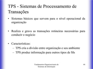 Fundamentos Organizacionais de
Sistemas de Informação
44
TPS - Sistemas de Processamento de
Transações
• Sistemas básicos que servem para o nível operacional da
organização
• Realiza e grava as transações rotineiras necessárias para
conduzir o negócio
• Características:
– TPS cria a divisão entre organização e seu ambiente
– TPS produz informação para outros tipos de SIs
 