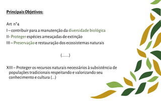 Principais Objetivos:
Art n°4
I – contribuir para a manutenção da diversidade biológica
II- Proteger espécies ameaçadas de extinção
III – Preservação e restauração dos ecossistemas naturais
(.......)
XIII – Proteger os recursos naturais necessários à subsistência de
populações tradicionais respeitando e valorizando seu
conhecimento e cultura (...)
 