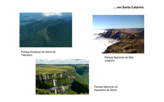... em Santa Catarina
Parque Estadual da Serra do
Tabuleiro
Parque Nacional de São
Joaquim
Parque Nacional do
Aparados da Serra
 