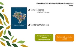 Plano EstratégicoNacionalde ÁreasProtegidas –
2006:
Incorporademandasda
corrente
socioambientalista
 Terras Indígenas
-PNGATI(2012)
 Territórios Quilombola
Relacionado as mestas
da CDB
 