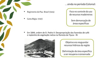 ... ainda no período Colonial:
• Regimento do Pau- Brasil (1605)
• Carta Régia (1797)
• Em 1844, ordem de D. Pedro II: Desapropriação das fazendas de café
e replantio da vegetação nativa na floresta da Tijuca - RJ
Foco no controle do uso
de recursos madeireiros
Sem demarcação de
áreas específicas
Objetivo era resguardar
recursos hídricos da região
Delimitação de área específica
a ser recupera e conservada
 