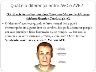 Qual é a diferença entre AVC e AVE?
O AVE – AcidenteVascular Encefálico,também conhecido como
AcidenteVascular Cerebral (AVC)
 O “derrame” acontece quando o fluxo normal de sangue é
interrompido em alguma área do cérebro. Isso pode acontecer porque
um vaso sanguíneo ficou bloqueado ou se rompeu. ... Por isso, o
derrame é às vezes chamado de “ataque cerebral”. Outro termo é
“acidente vascular cerebral”, AVC ou AVE.
 