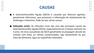 CAUSAS
● A Gastroenterocolite Aguda (GECA) é causada por diversos agentes,
geralmente infecciosos, que provocam a inflamação do revestimento do
estômago e intestinos. Pode ser por várias causas:
● Infecções virais- As infecções virais são uma das principais causas da
Gastroenterocolite Aguda (GECA), especialmente em crianças menores de
5 anos. Os vírus causadores da GECA geralmente se propagam através do
contato com fezes ou vômito contaminados, seja diretamente ou por
meio de alimentos, água ou superfícies infectados.
 