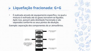 ⮚ Liquefação fracionada: G+G
• É realizada através de equipamento específico, no qual a
mistura é resfriada até os gases tornarem-se líquidos.
Após isso, passam pela destilação fracionada e são
separados conforme os seus pontos de ebulição.
Exemplo: separação dos componentes do ar atmosférico.
 