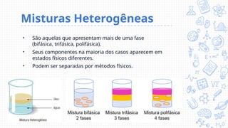 Misturas Heterogêneas
• São aquelas que apresentam mais de uma fase
(bifásica, trifásica, polifásica).
• Seus componentes na maioria dos casos aparecem em
estados físicos diferentes.
• Podem ser separadas por métodos físicos.
 