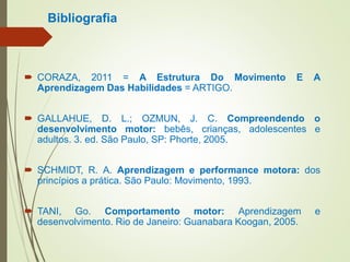 Bibliografia
 CORAZA, 2011 = A Estrutura Do Movimento E A
Aprendizagem Das Habilidades = ARTIGO.
 GALLAHUE, D. L.; OZMUN, J. C. Compreendendo o
desenvolvimento motor: bebês, crianças, adolescentes e
adultos. 3. ed. São Paulo, SP: Phorte, 2005.
 SCHMIDT, R. A. Aprendizagem e performance motora: dos
princípios a prática. São Paulo: Movimento, 1993.
 TANI, Go. Comportamento motor: Aprendizagem e
desenvolvimento. Rio de Janeiro: Guanabara Koogan, 2005.
 