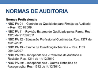 NORMAS DE AUDITORIA
Normas Profissionais
• NBC-PA 01 – Controle de Qualidade para Firmas de Auditoria
– Res. 1201/2009.
• NBC PA 11 - Revisão Externa de Qualidade pelos Pares. Res.
1323 de 21/02/2011
• NBC PA 12 - Educação Profissional Continuada. Res. 1377 de
15/12/2011
• NBC PA 13 - Exame de Qualificação Técnica – Res. 1109
06/12/2007
• NBC PA 290 - Independência -Trabalhos de Auditoria e
Revisão. Res. 1311 de 14/12/2010
• NBC PA 291 - Independência - Outros Trabalhos de
Asseguração. Res. 1312 de14/12/2010.
 
