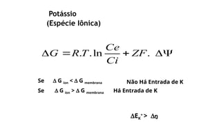 


 .
ln
.
. ZF
Ci
Ce
T
R
G
Potássio
(Espécie Iônica)
Não Há Entrada de K
Se D G íon < D G membrana
Se Há Entrada de K
D G íon > D G membrana
DEK
+
> D
 