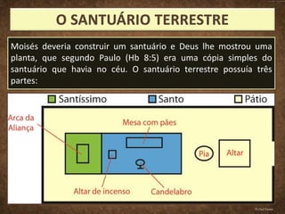 Moisés deveria construir um santuário e Deus lhe mostrou uma
planta, que segundo Paulo (Hb 8:5) era uma cópia simples do
santuário que havia no céu. O santuário terrestre possuía três
partes:
Pr.Davi Passos
 