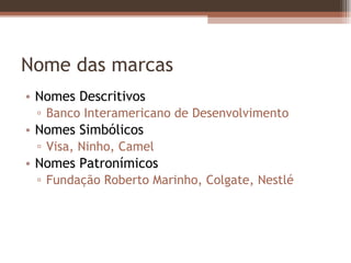Nome das marcas Nomes Descritivos  Banco Interamericano de Desenvolvimento Nomes Simbólicos Visa, Ninho, Camel Nomes Patronímicos Fundação Roberto Marinho, Colgate, Nestlé 