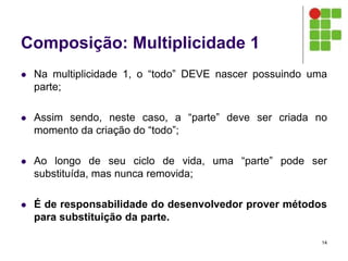 Composição: Multiplicidade 1
 Na multiplicidade 1, o “todo” DEVE nascer possuindo uma
parte;
 Assim sendo, neste caso, a “parte” deve ser criada no
momento da criação do “todo”;
 Ao longo de seu ciclo de vida, uma “parte” pode ser
substituída, mas nunca removida;
 É de responsabilidade do desenvolvedor prover métodos
para substituição da parte.
14
 