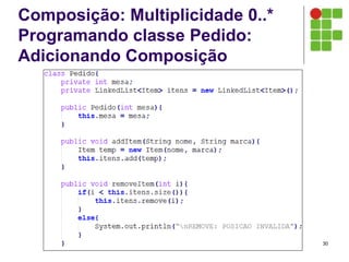 Composição: Multiplicidade 0..*
Programando classe Pedido:
Adicionando Composição
30
 