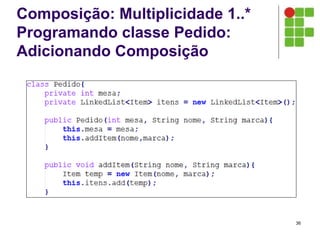 Composição: Multiplicidade 1..*
Programando classe Pedido:
Adicionando Composição
36
 