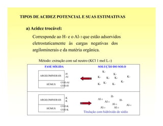 TIPOS DE ACIDEZ POTENCIAL E SUAS ESTIMATIVAS

  a) Acidez trocável:
     Corresponde ao H+ e o Al+3 que estão adsorvidos
     eletrostaticamente às cargas negativas dos
     argilominerais e da matéria orgânica.

        Método: extração com sal neutro (KCl 1 mol L-1)
            FASE SÓLIDA                       SOLUÇÃO DO SOLO
                                                   K+
                          -H                                  K+
         ARGILOMINERAIS   -Al                                             K+
                                              K+        K+    K+
                      COO-Al                                         K+
             HÚMUS                            K+ K+          K+
                      COO-H



                                                             H+
                          -K
         ARGILOMINERAIS                       Al+3                   H+
                          -K                         Al+3
                                                             Al+3         Al+3
                      COO-K
             HÚMUS                              Al+3          Al+3
                      COO-K
                                    Titulação com hidróxido de sódio
 