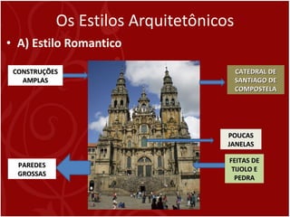 Os Estilos Arquitetônicos A) Estilo Romantico CONSTRUÇÕES AMPLAS FEITAS DE TIJOLO E PEDRA POUCAS JANELAS PAREDES GROSSAS CATEDRAL DE SANTIAGO DE COMPOSTELA 