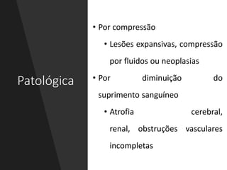 Patológica
• Por compressão
• Lesões expansivas, compressão
por fluidos ou neoplasias
• Por diminuição do
suprimento sanguíneo
• Atrofia cerebral,
renal, obstruções vasculares
incompletas
 