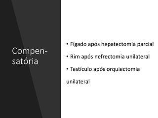 Compen-
satória
• Fígado após hepatectomia parcial
• Rim após nefrectomia unilateral
• Testículo após orquiectomia
unilateral
 