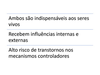 Ambos são indispensáveis aos seres
vivos
Recebem influências internas e
externas
Alto risco de transtornos nos
mecanismos controladores
 