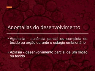 Anomalias do desenvolvimento
• Agenesia - ausência parcial ou completa de
tecido ou órgão durante o estágio embrionário
• Aplasia - desenvolvimento parcial de um órgão
ou tecido
 